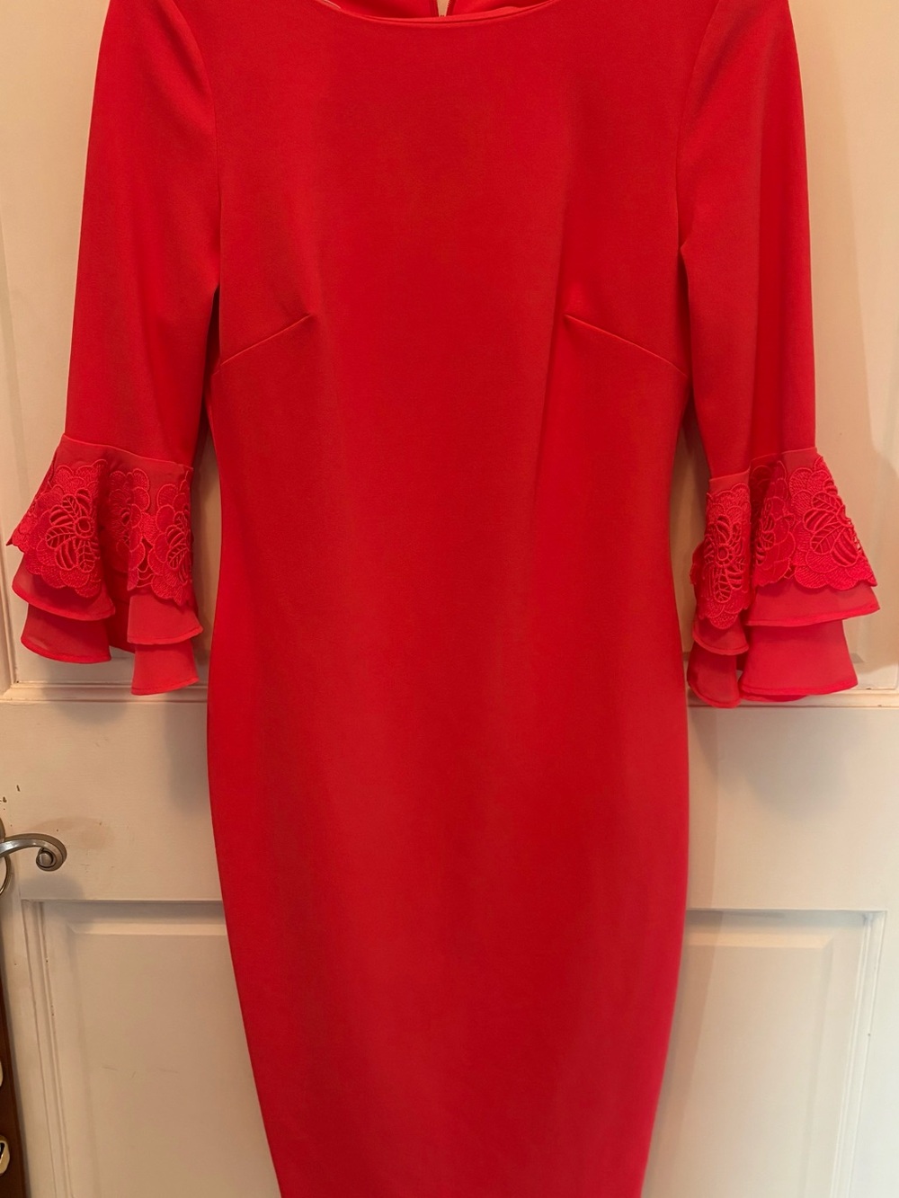 Calvin Klein Red Long-Sleeve Sheath Dress with Lace Ruffle Cuffs